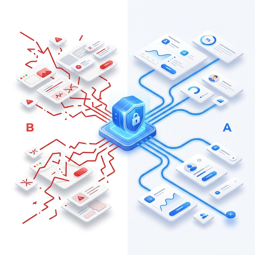 Comparison of chaotic client-side tracking vs clean server-side identity flow