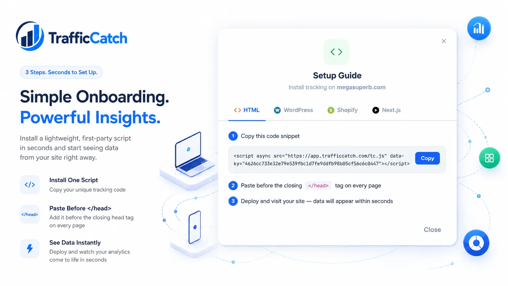TrafficCatch setup guide illustration with tracking code workflow