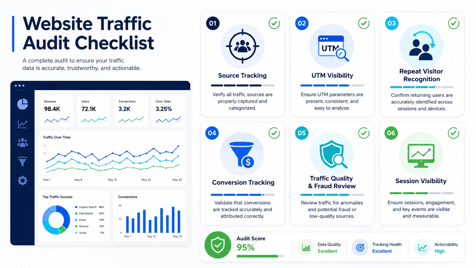 Website traffic audit checklist for comparing analytics data, ad clicks, CRM leads, server logs, and conversions.