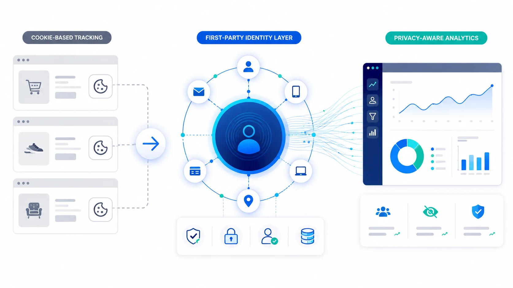 Privacy-aware analytics flow with pseudonymous identity, masking, consent, and retention controls.