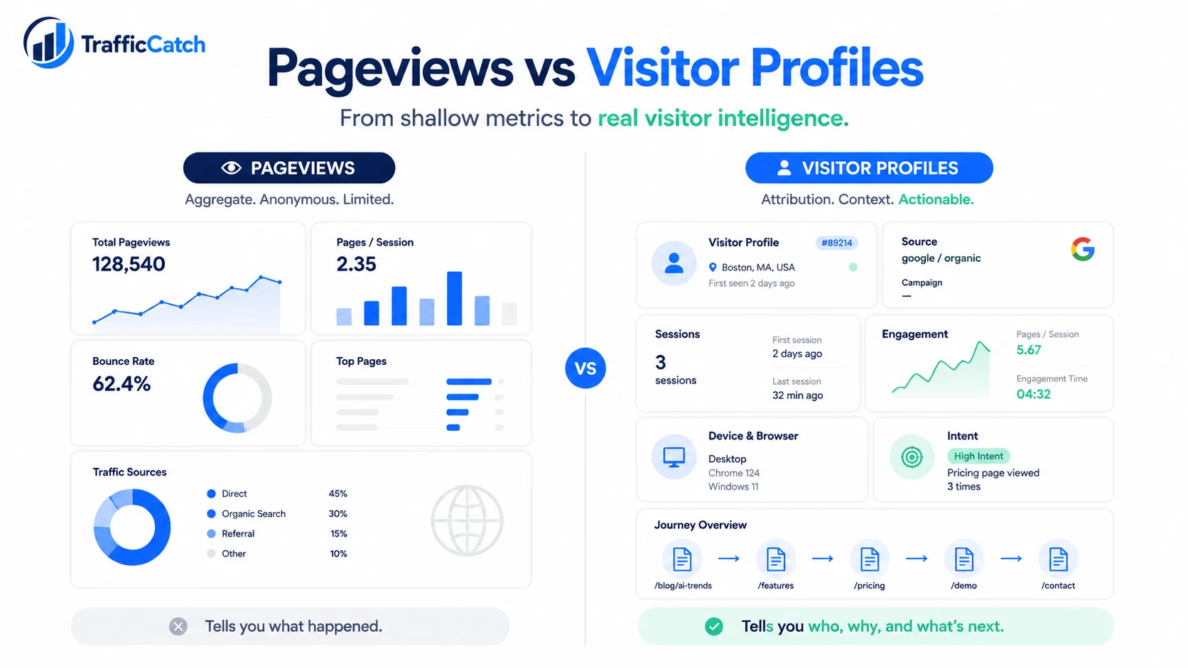 Visual comparing isolated pageviews with a full pseudonymous visitor profile.