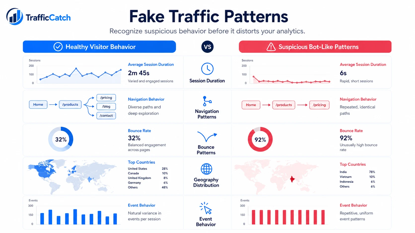 Dashboard visual comparing normal visitor behavior with suspicious bot patterns.