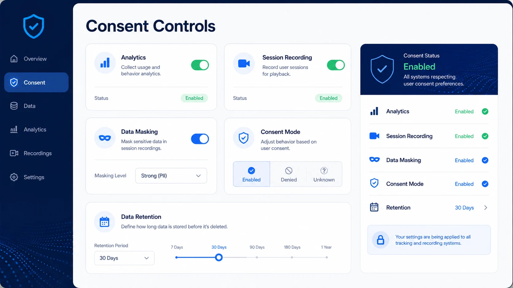 Consent controls dashboard with analytics, session recording, data masking, and retention settings.