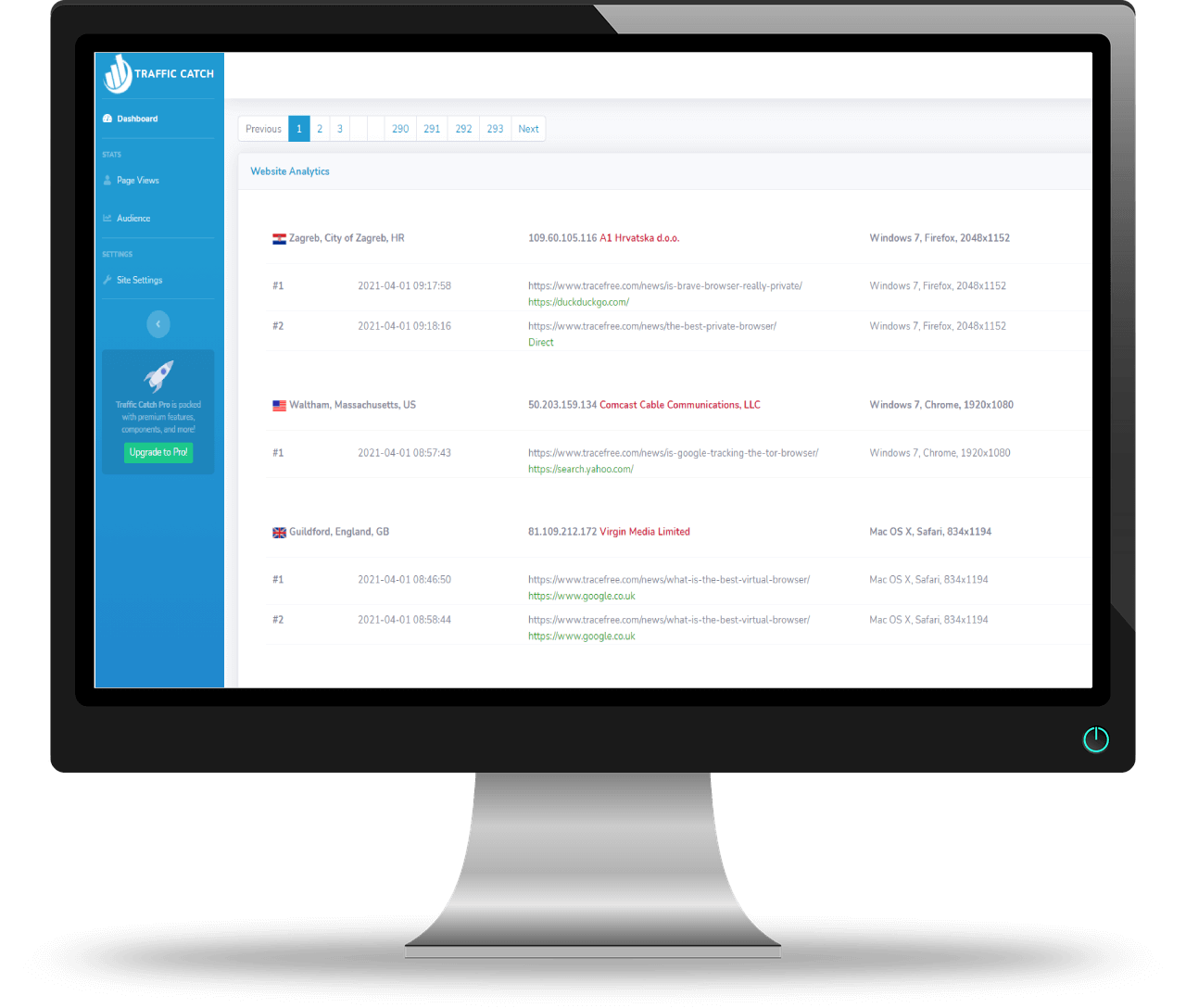 Traffic Catch Screenshot Showing User Analytics and Page Views